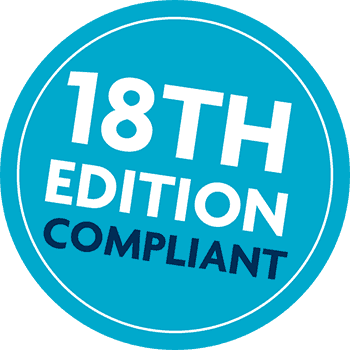 Circular blue badge with "18th Edition Compliant" in bold white letters, perfect for electricians ensuring top-notch electrical installations.