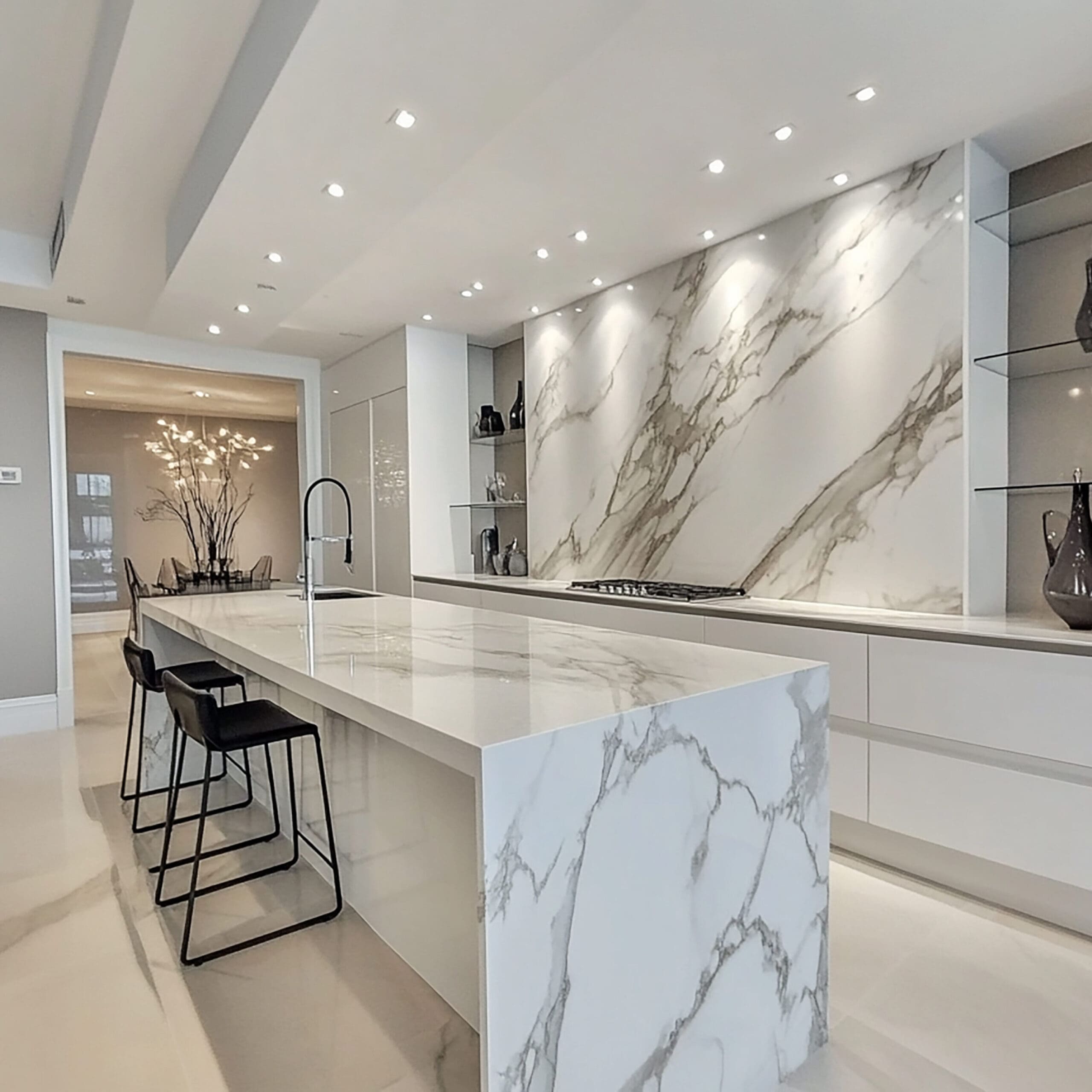 A modern kitchen with a large marble island and marble backsplash. Two black bar stools are at the island. Open shelves with decorative vases are on the right. Recessed lighting brightens the space. A doorway leads to another room.