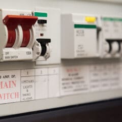 Close-up of an electrical panel with a large red main switch labeled "100 AMP. DP. MAIN SWITCH" alongside smaller switches and circuit breakers. Labels indicate functions like "Upstairs Lights & Smoke Alarms," illustrating the importance of regular electrical safety checks for optimal performance.