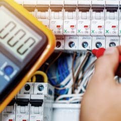 An electrician conducts fault finding with a multimeter, carefully testing electrical circuits in the breaker box. The multimeter reads "000" while wires and circuit breakers form a complex backdrop, ensuring thorough electrical safety checks are performed.