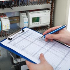 An electrician examines a control panel filled with wires and electronic components. Holding a clipboard with charts and graphs, they use a blue pen to meticulously note details during electrical safety checks.