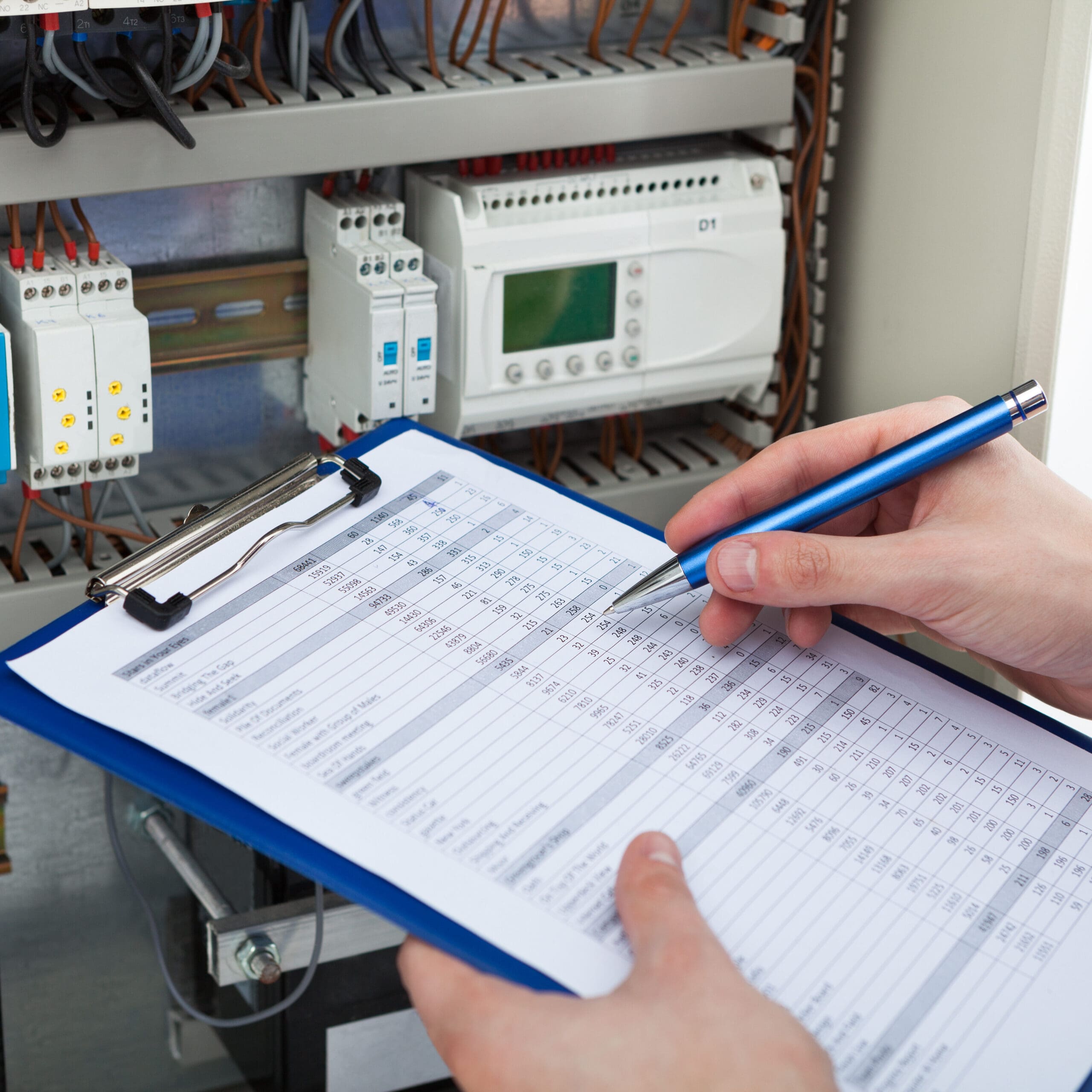 Close-up of an electrician's hands holding a clipboard with a document, using a pen to mark or check items. The background reveals an open electrical cabinet with various switches and components, suggesting work on electrical installations or perhaps a consumer unit upgrade in progress.
