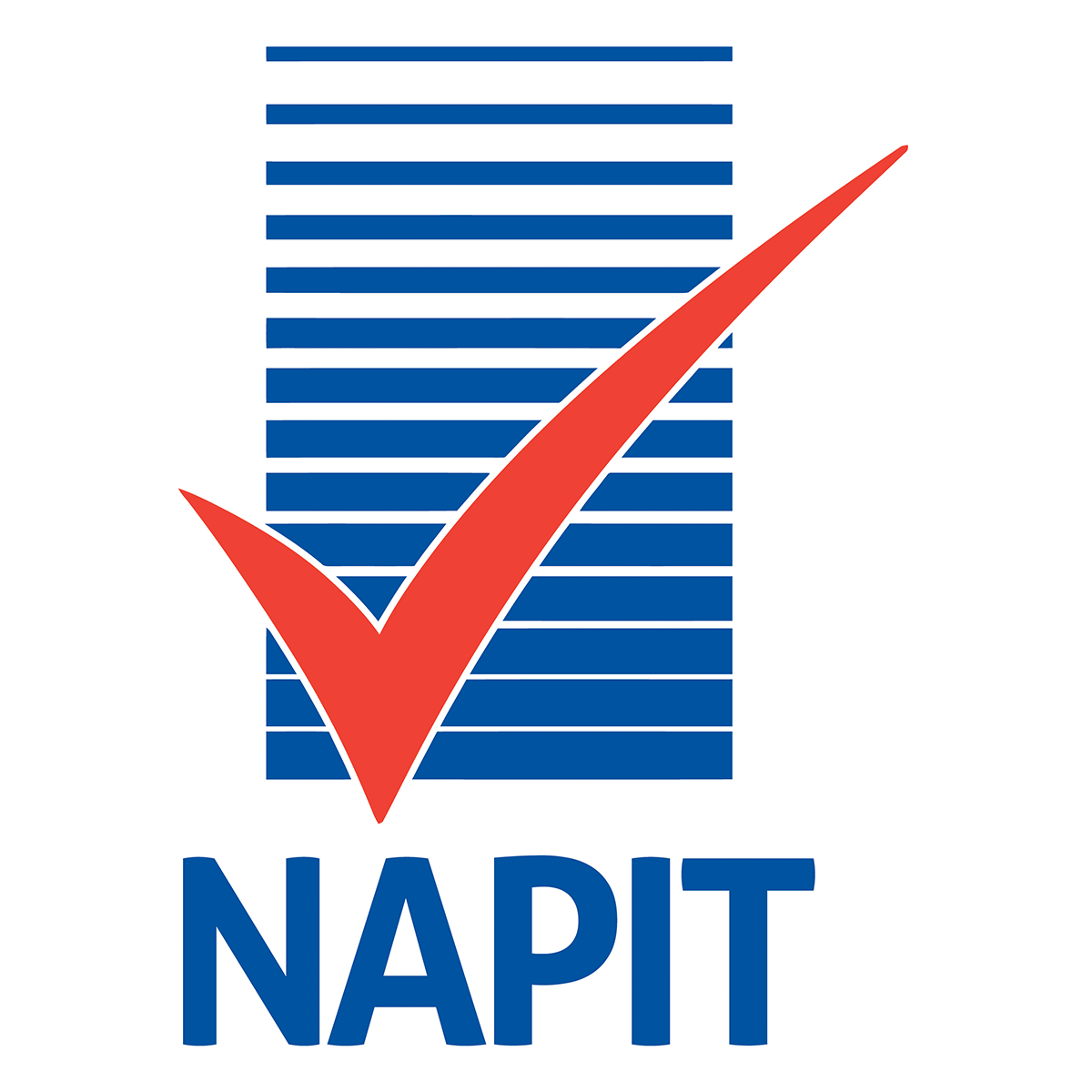 The NAPIT logo features a red checkmark over horizontal blue stripes, symbolizing trust in Electrical Safety Checks. Bold blue letters below proudly spell "NAPIT," assuring quality and expertise in every service from skilled electricians.